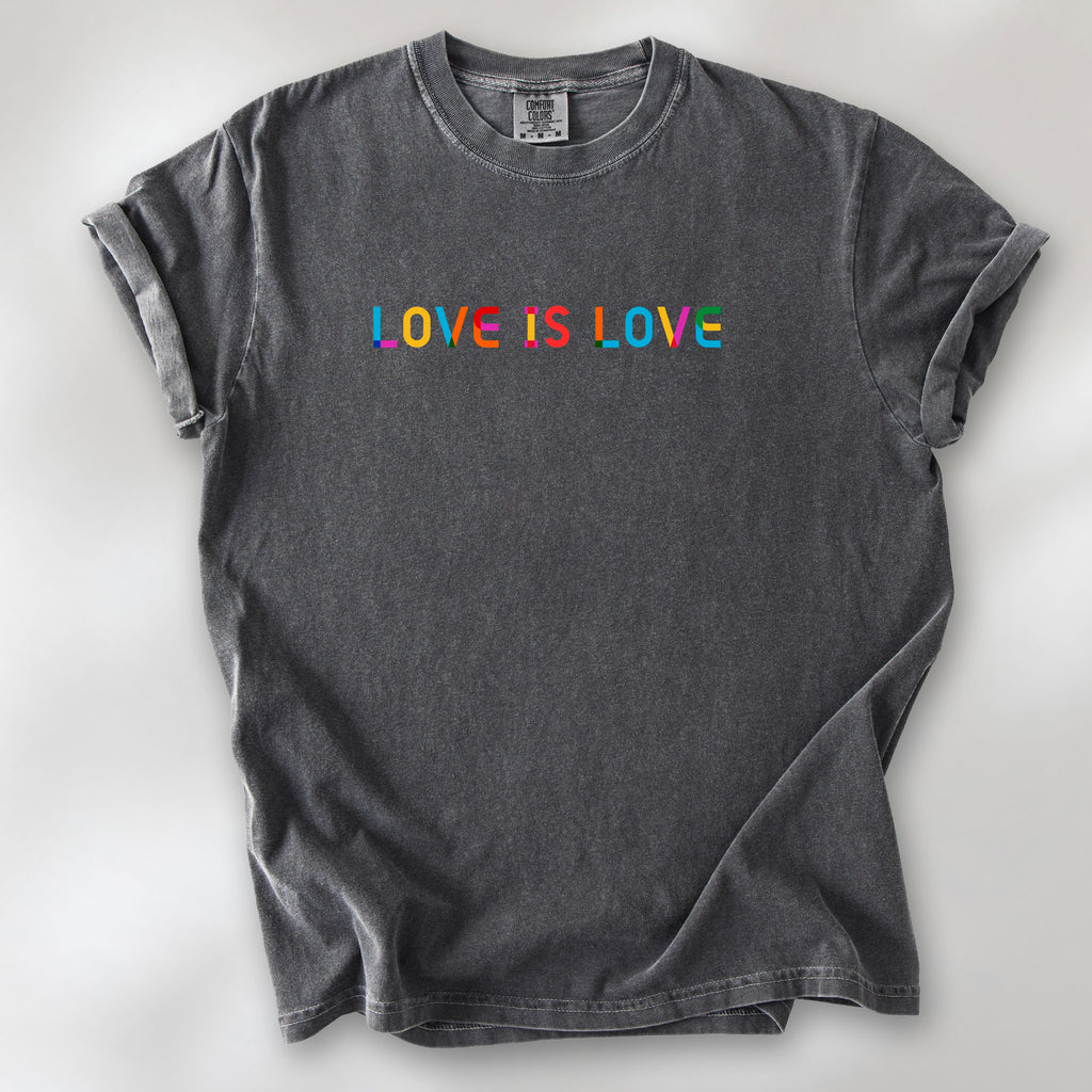 Pepper oversized t-shirt with rainbow “love is love” text in a single line.