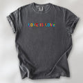 Pepper oversized t-shirt with rainbow “love is love” text in a single line.