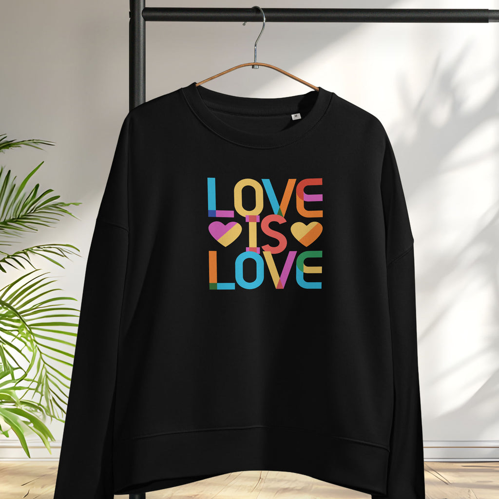 Hanging black women's sweatshirt with rainbow “love is love” text designed in the Gilbert font.