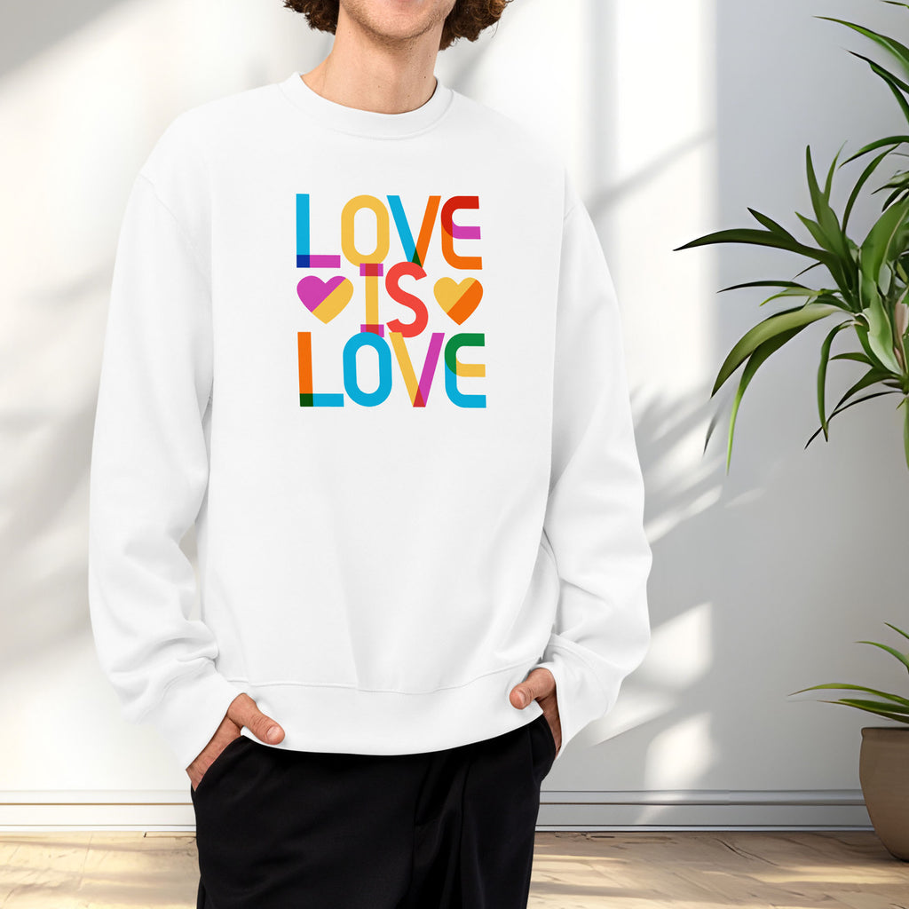 Male model wearing white t-shirt with rainbow “love is love” text designed in the Gilbert font.