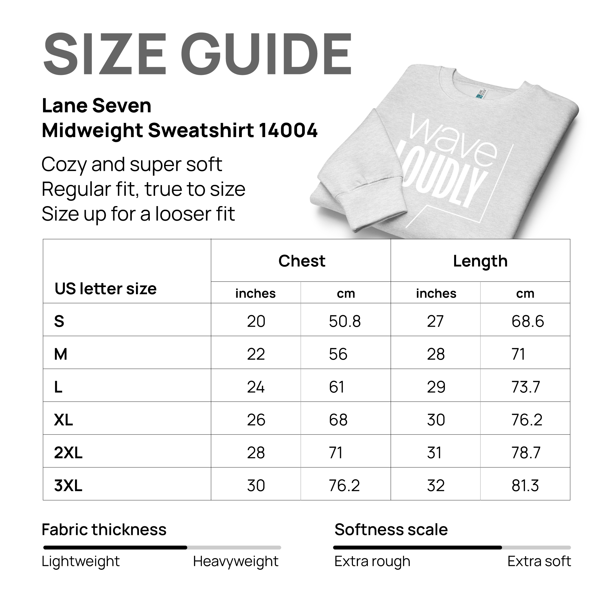 Size guide for Lane Seven mid-weight sweatshirt style 14004.
