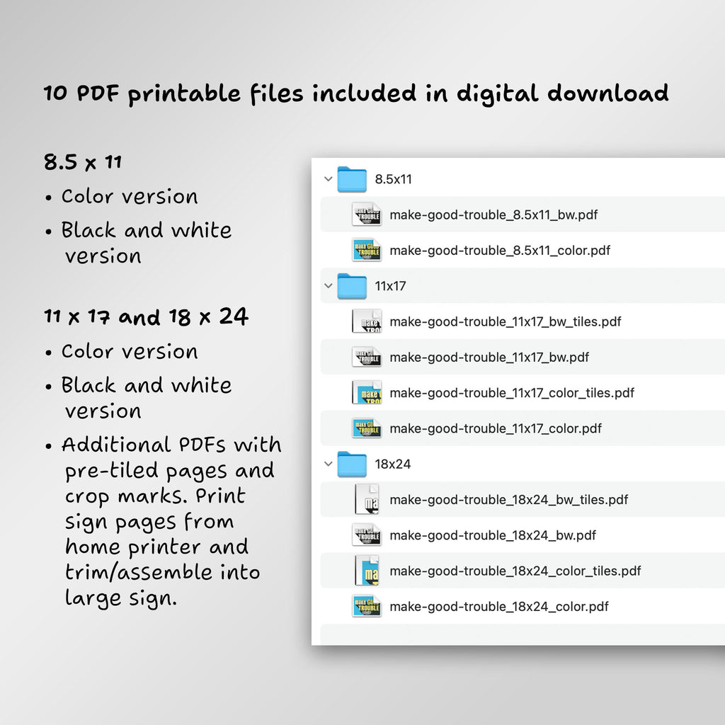 File directory of 10 PDF printable files included in digital download, including additional PDFs with pre-tiled pages to print from home and assemble into large sign.