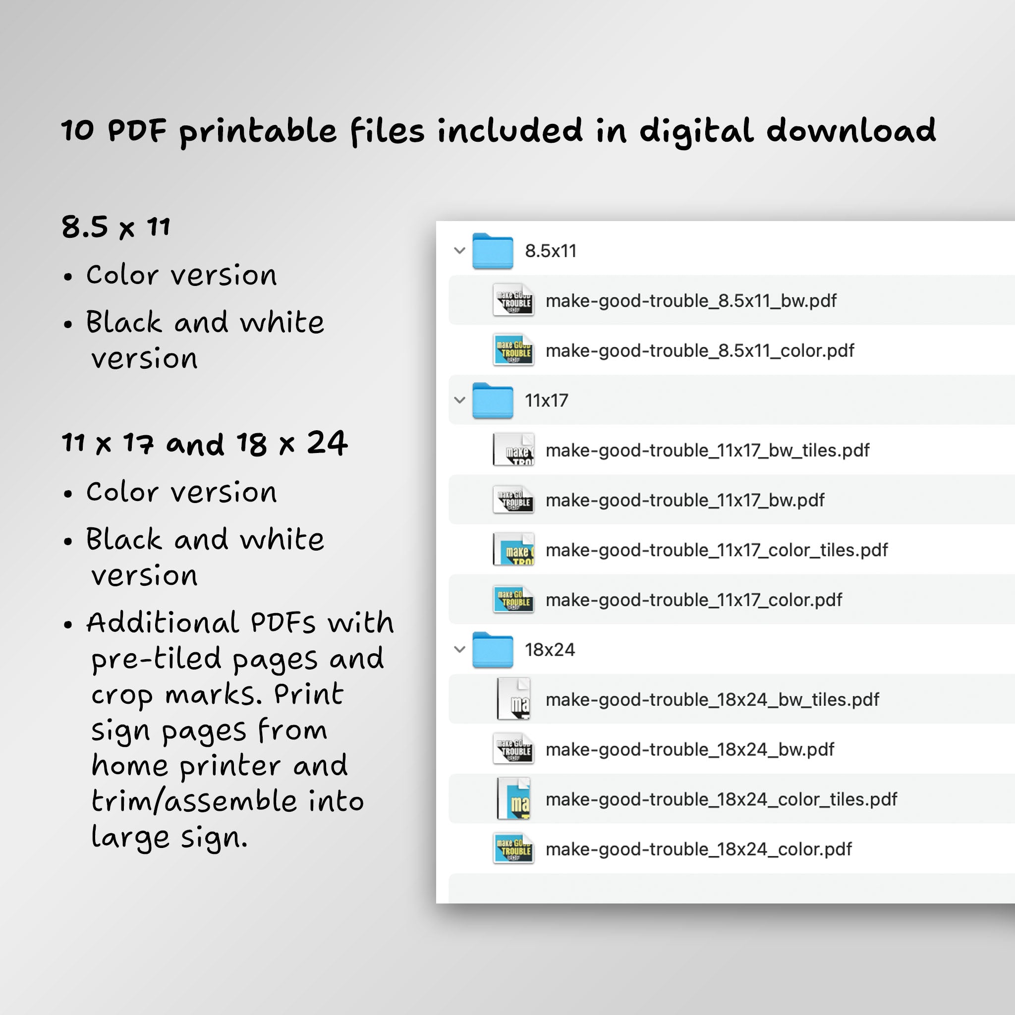 File directory of 10 PDF printable files included in digital download, including additional PDFs with pre-tiled pages to print from home and assemble into large sign.