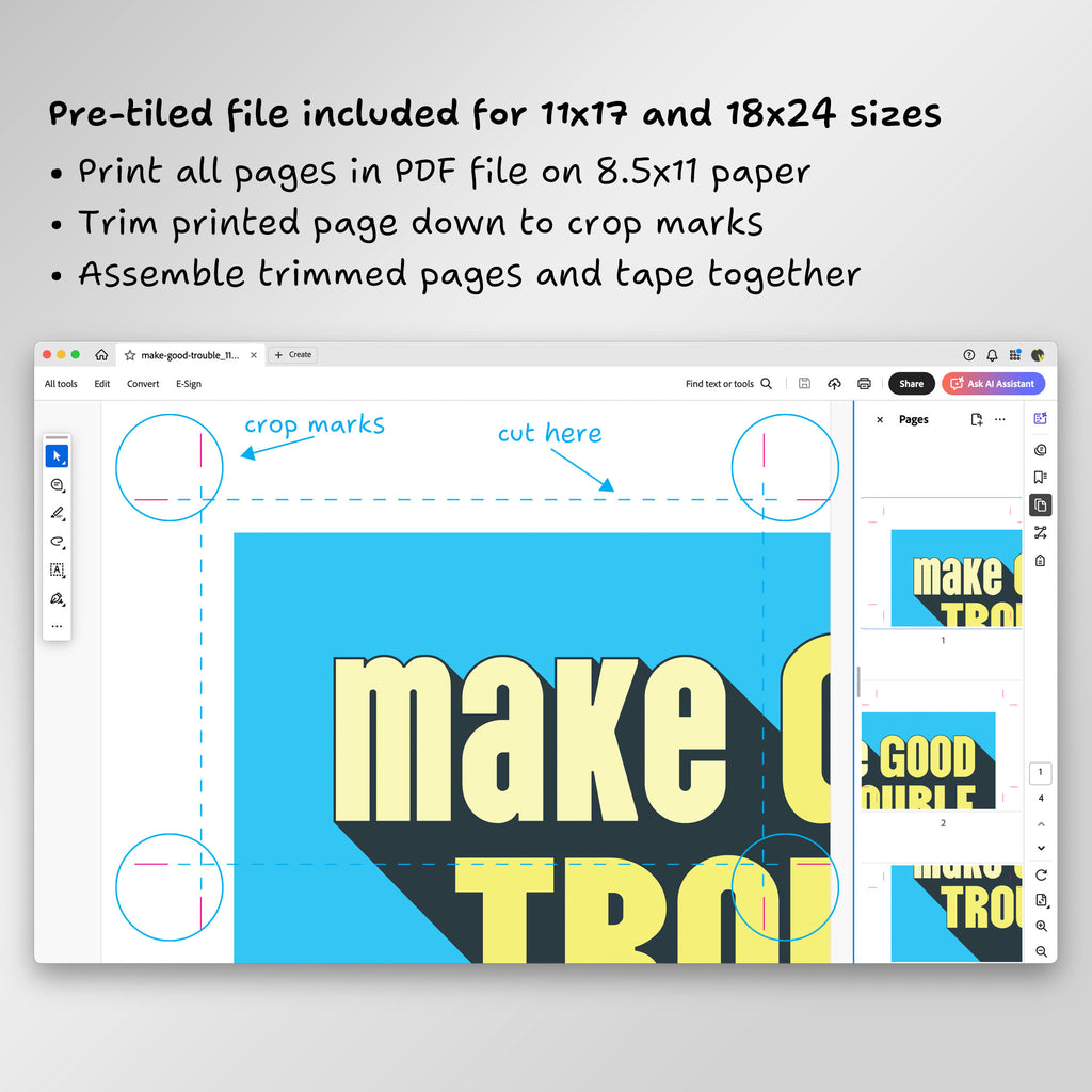 Screenshot of page from pre-tiled PDF file in Adobe Acrobat, showing crop marks and where to trim.