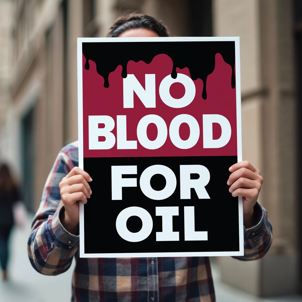 “No Blood for Oil" yard sign with bold white text on black and red background featuring dripping oil imagery, anti-war and anti-imperialism message.