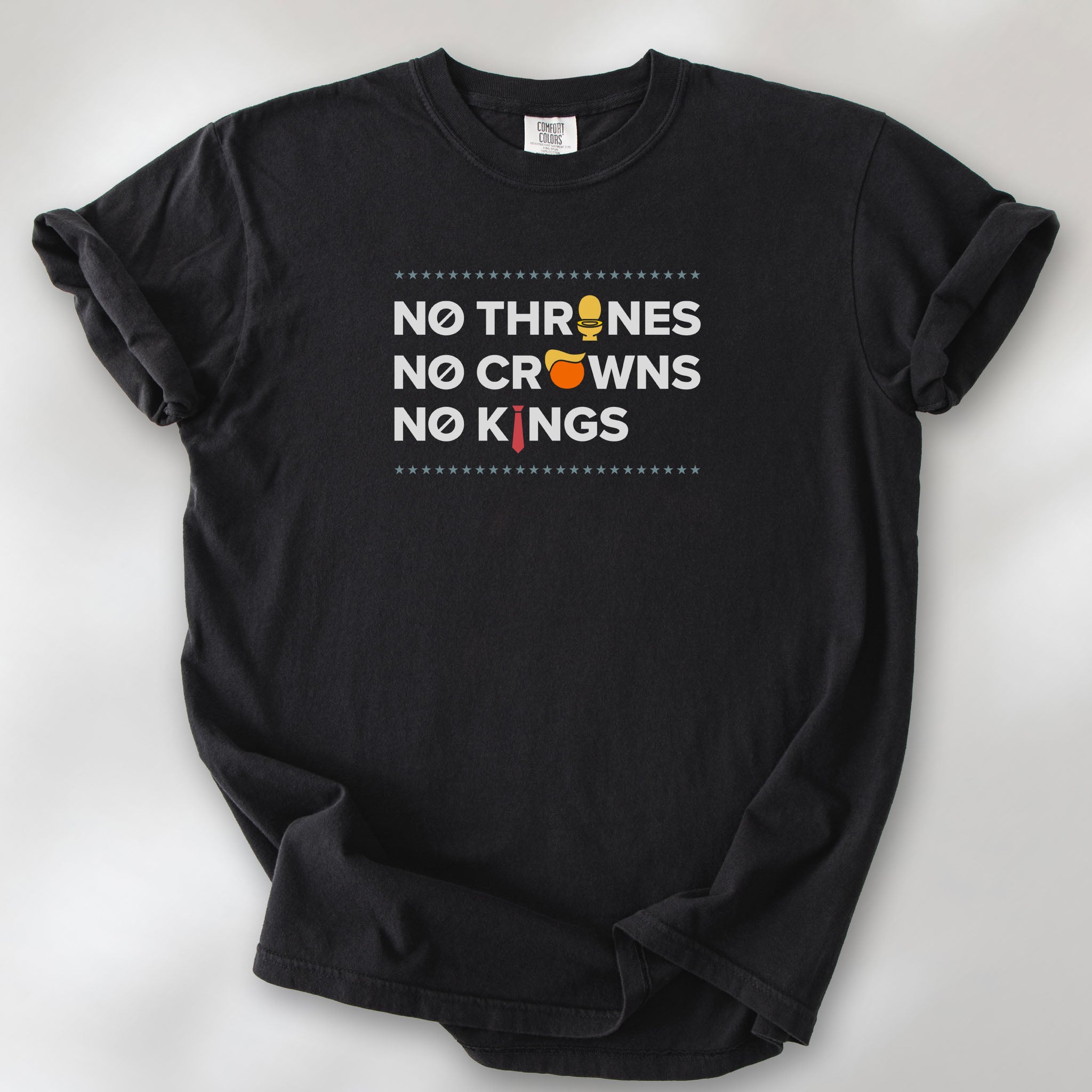 Black t-shirt with bold text reading “No Thrones No Crowns No Kings” featuring satirical Trump graphics: gold toilet, yellow hair, and long red tie, original anti-Trump protest shirt.