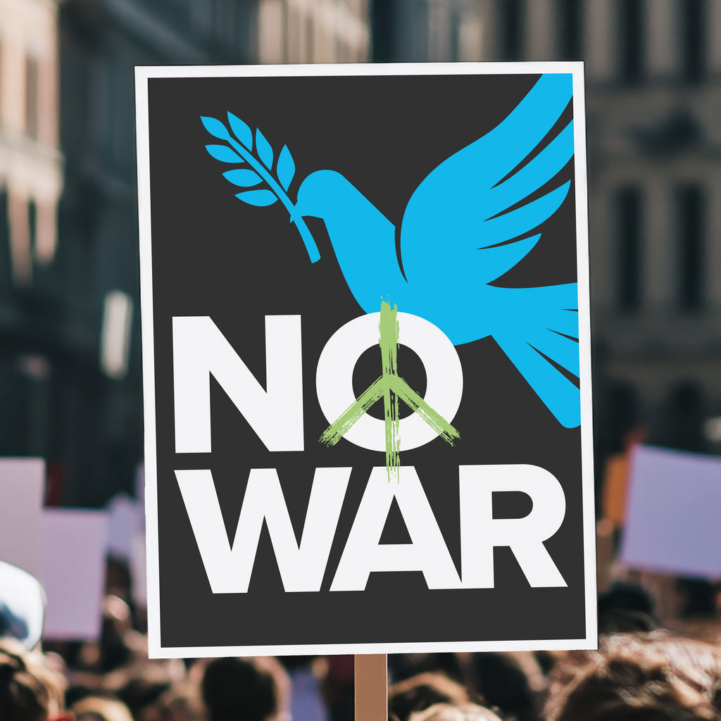 Protest sign reading "No War" with peace symbol and dove holding an olive branch, held high above a crowd.