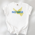 White t-shirt featuring blue “No War” text over a yellow peace dove carrying an olive branch that forks into a peace sign over the text..