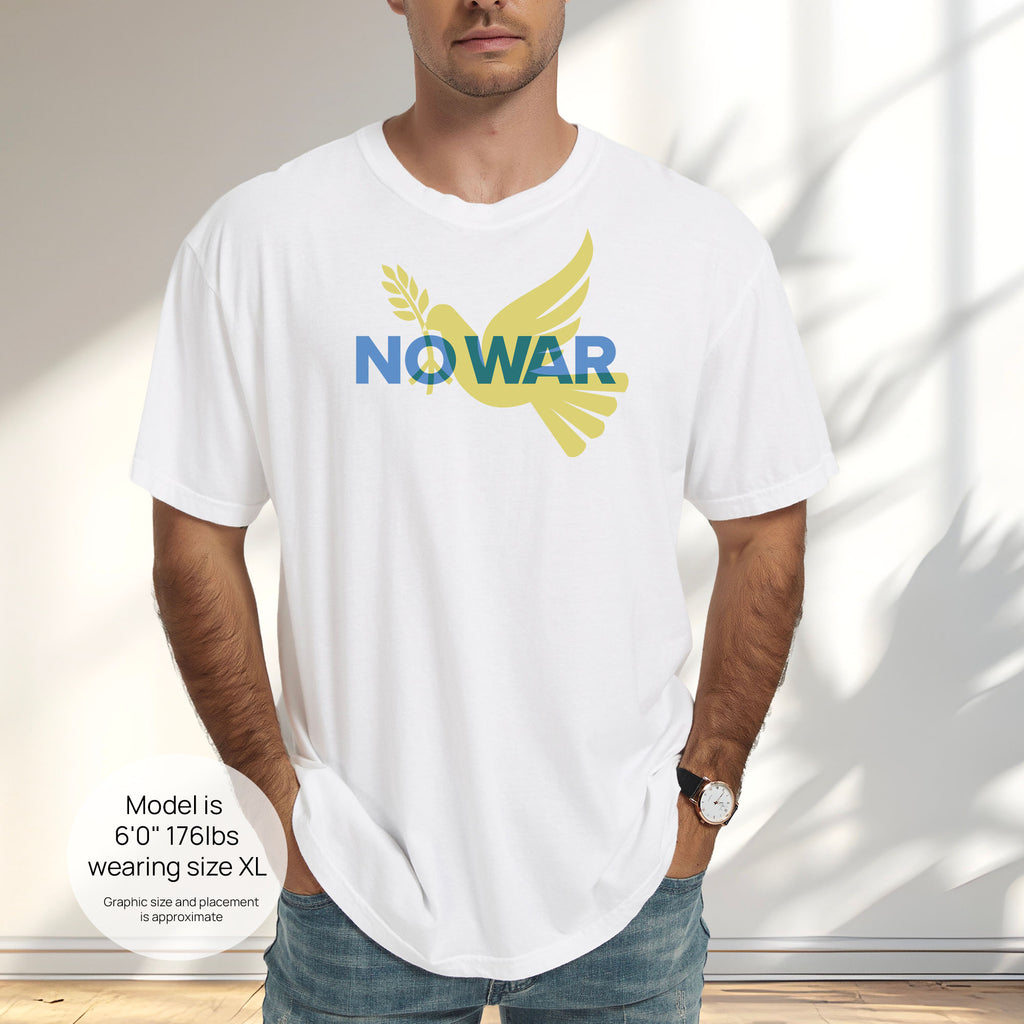 Male model wearing white t-shirt featuring blue “No War” text over a yellow peace dove carrying an olive branch that forks into a peace sign over the text. Includes size and fit information for the model who is 6 feet 0 inches, 176 pounds, and wearing a size XL shirt.
