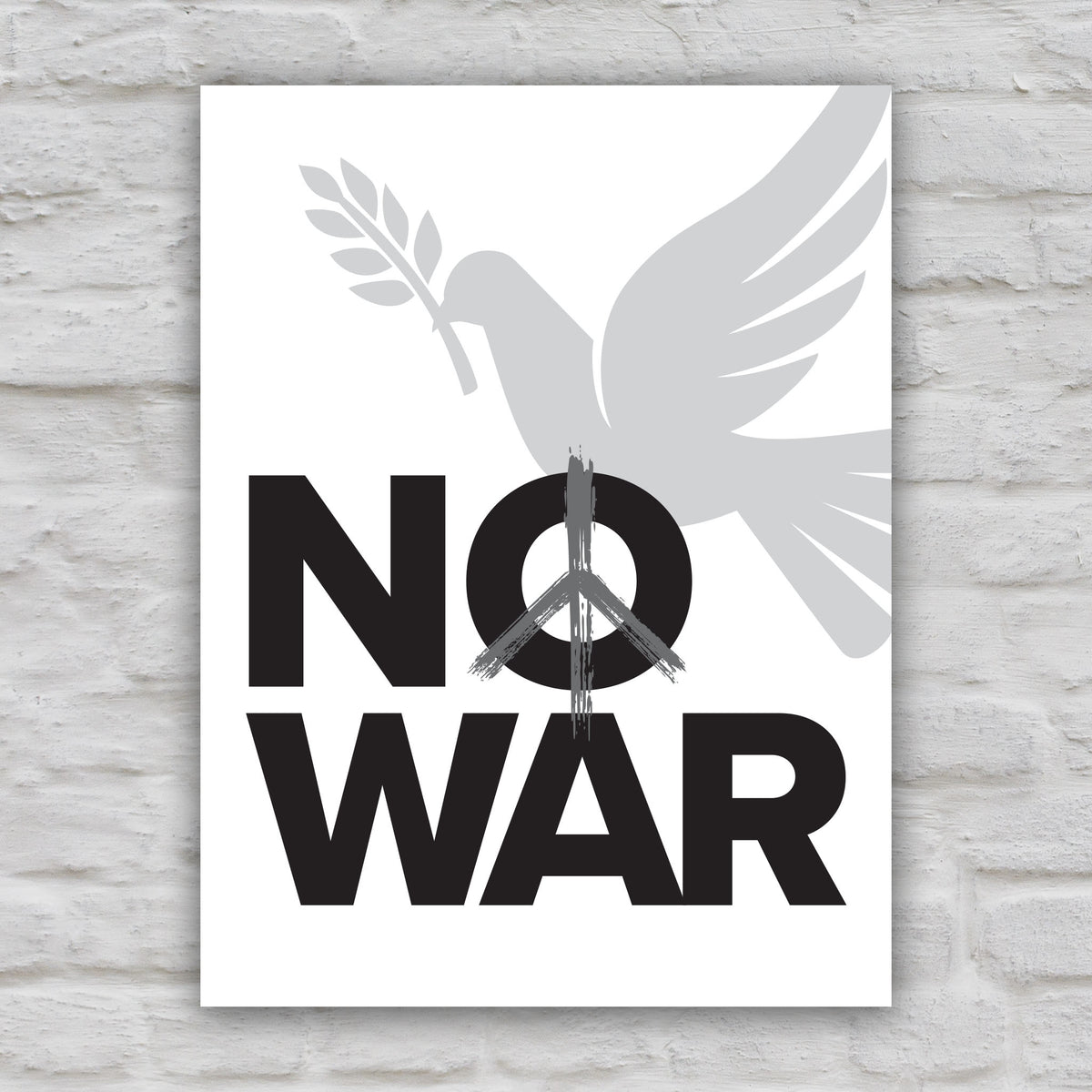Black and white version of protest sign reading "No War" with peace symbol and dove holding an olive branch.