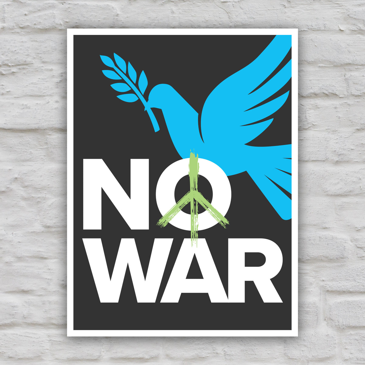 Color version of protest sign reading "No War" with peace symbol and dove holding an olive branch.