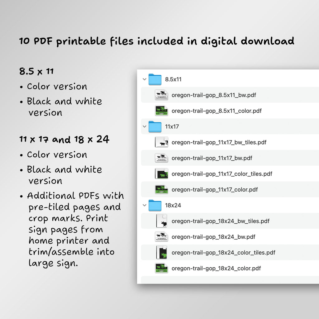 File directory of 10 PDF printable files included in digital download, including additional PDFs with pre-tiled pages to print from home and assemble into large sign.