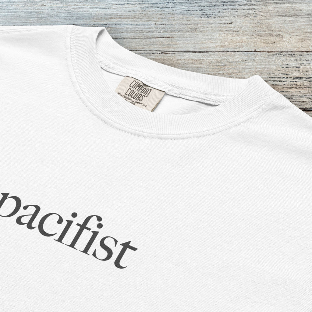Closeup detail of white t-shirt with minimalist serif text reading "pacifist."