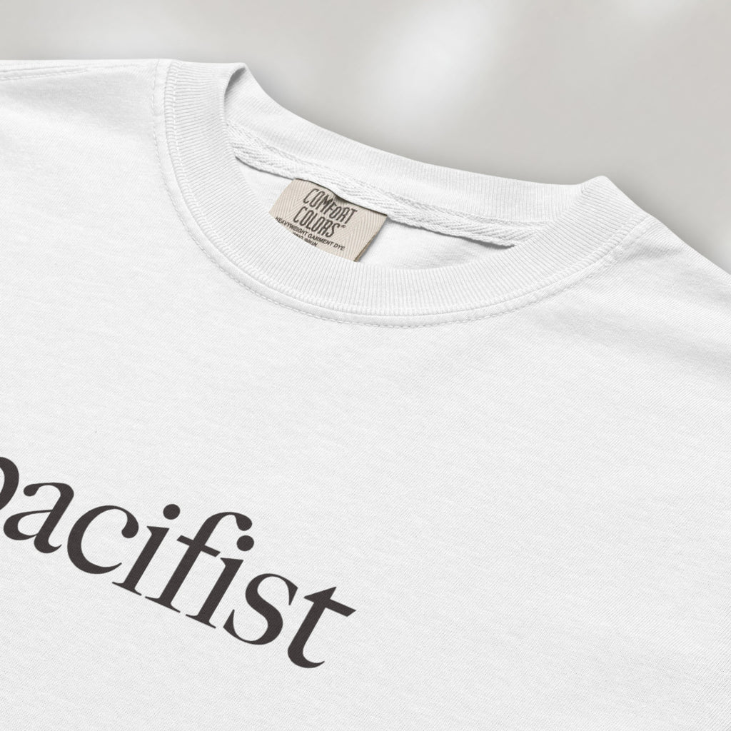 Closeup detail of white t-shirt with minimalist serif text reading "pacifist."