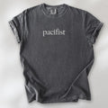Pepper t-shirt with minimalist serif text reading "pacifist."