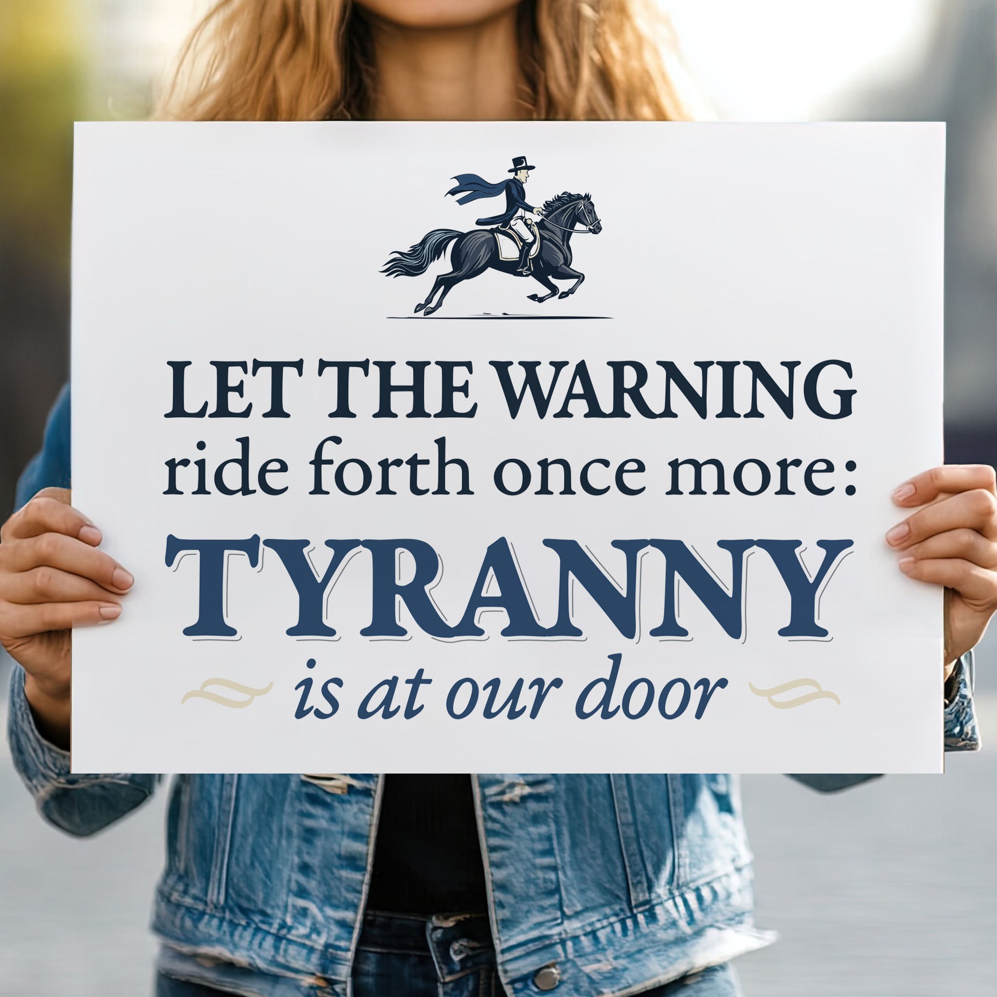Person holding protest sign with a silhouette of Paul Revere on horseback and bold blue text “Let the warning ride forth once more – Tyranny is at our door”.