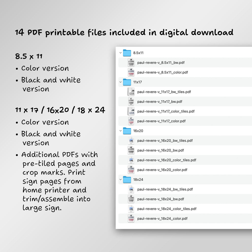 File directory of 14 PDF printable files included in digital download, including additional PDFs with pre-tiled pages to print from home and assemble into large sign.