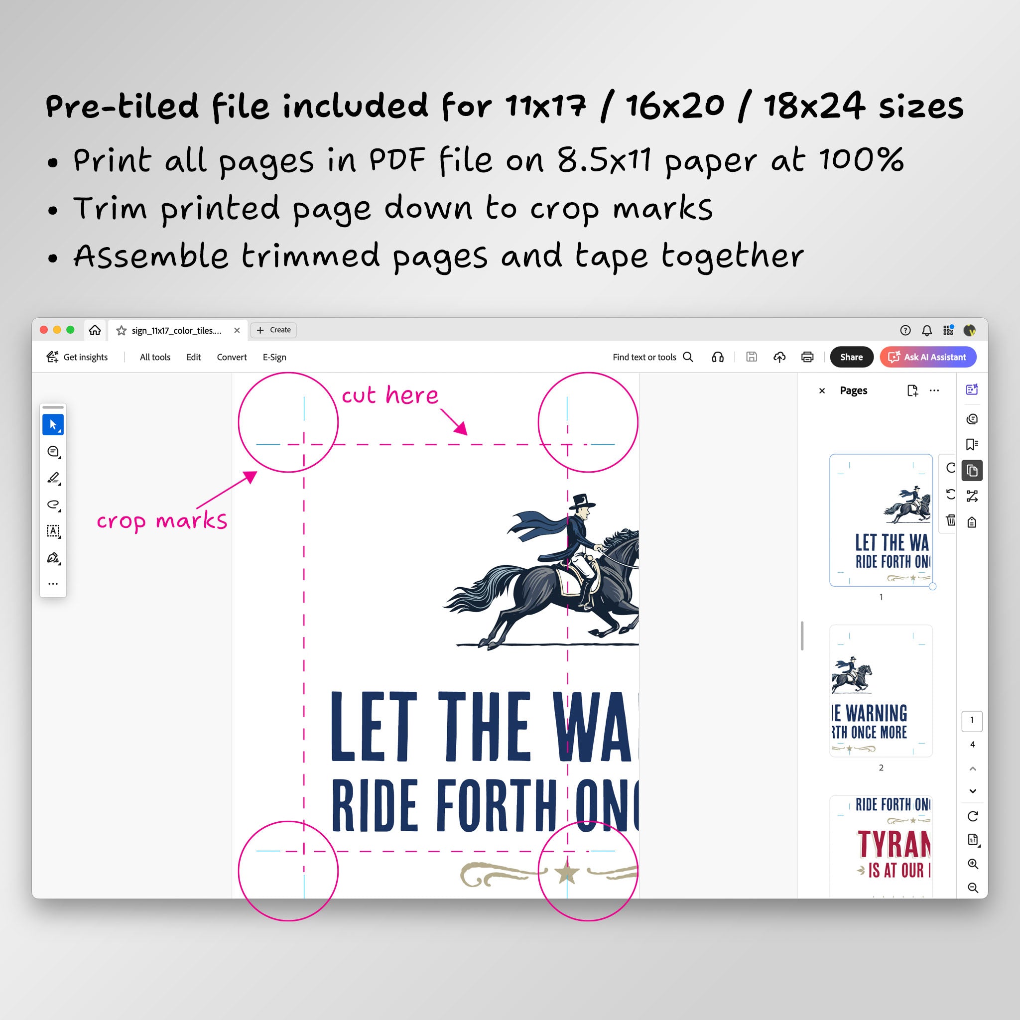 Screenshot of page from pre-tiled PDF file in Adobe Acrobat, showing crop marks and where to trim.