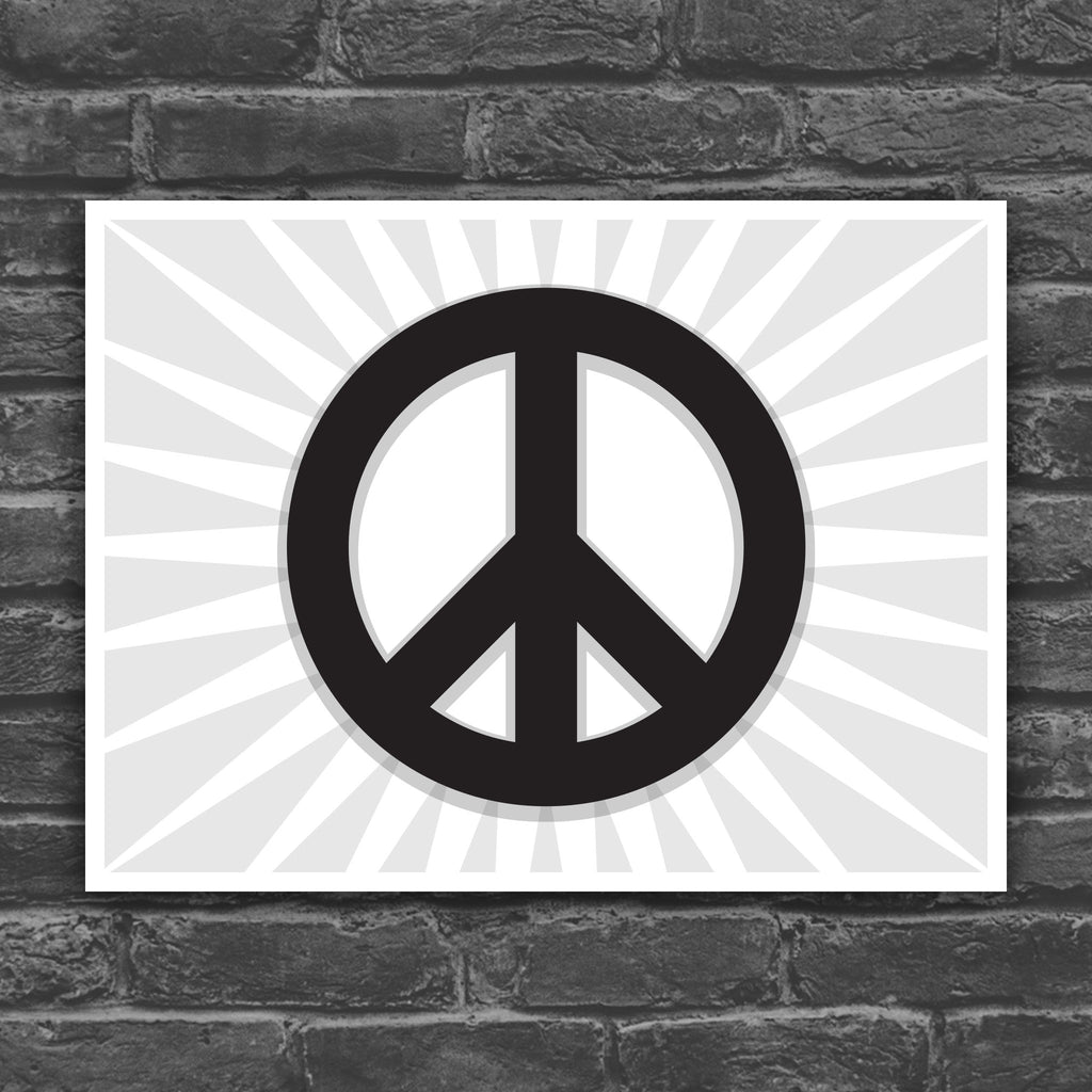 Black and white version of protest sign with peace symbol with burst behind it.