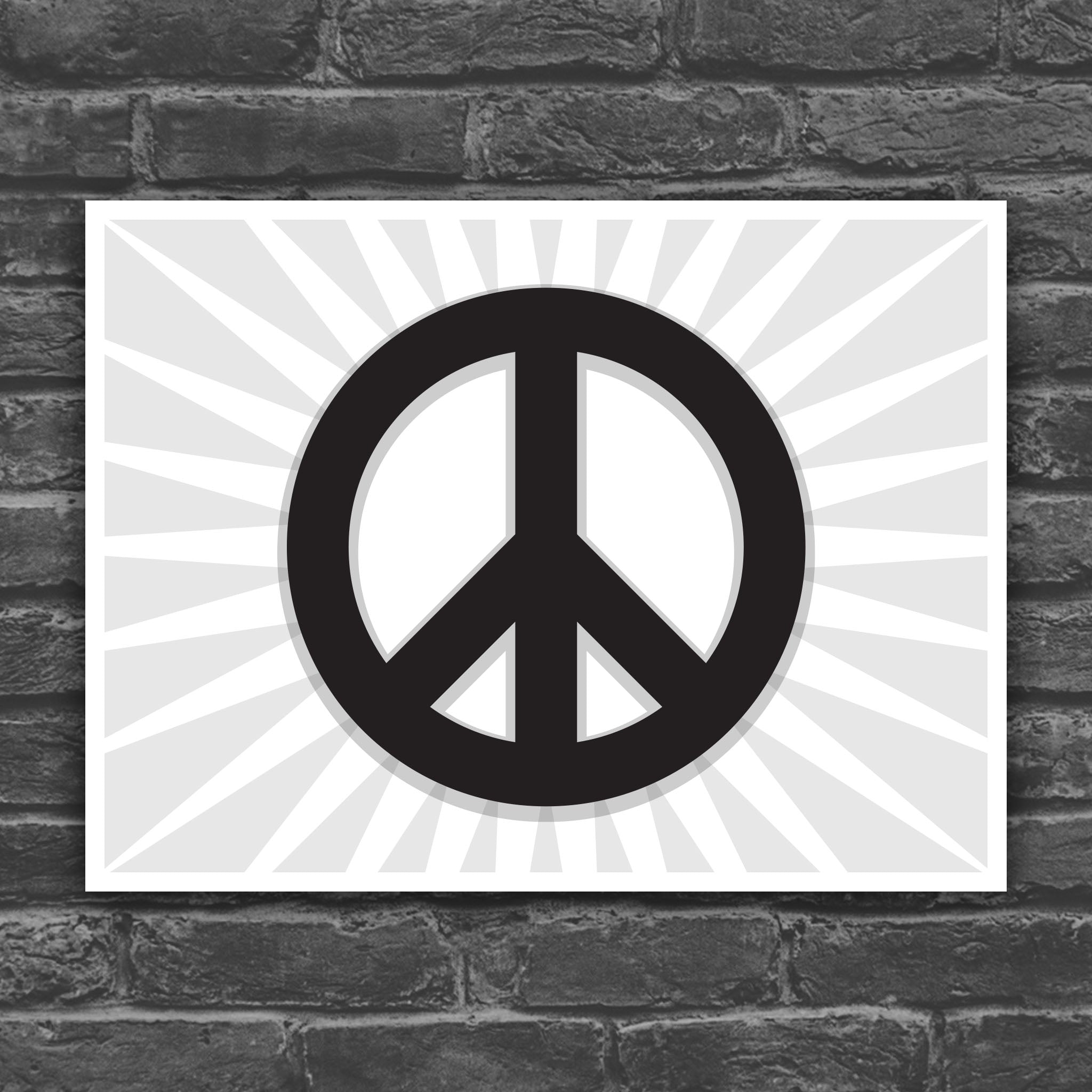 Black and white version of protest sign with peace symbol with burst behind it.