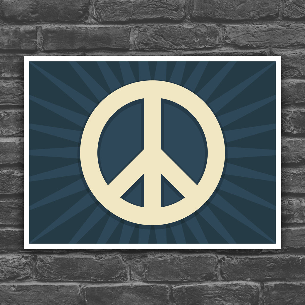 Color version of protest sign with peace symbol with burst behind it.