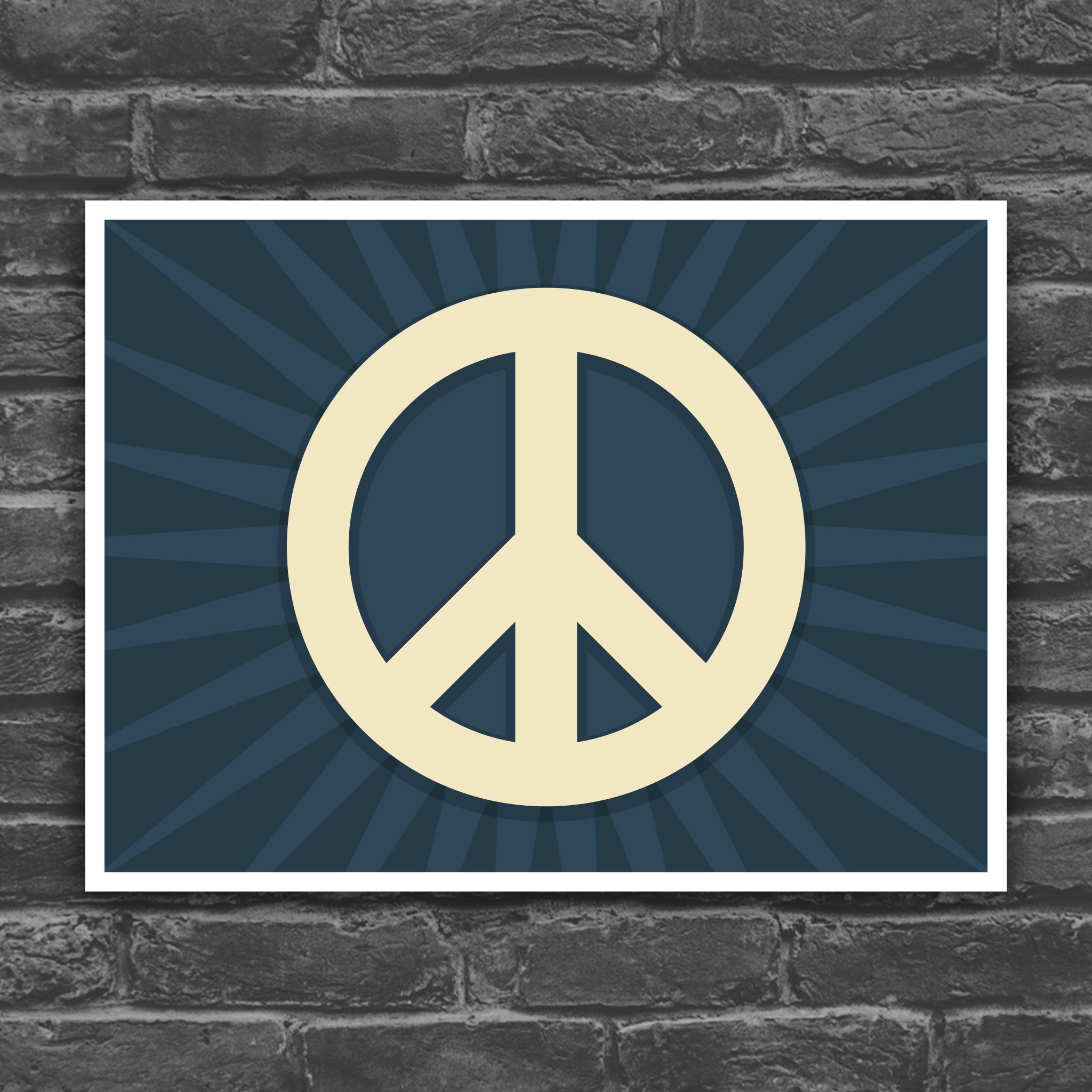 Color version of protest sign with peace symbol with burst behind it.
