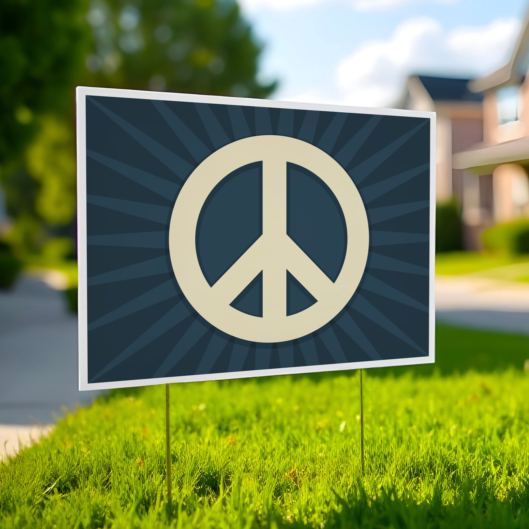 Yard sign with golden peace symbol on a dark blue background with dark blue burst behind it.