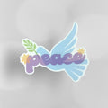 Blue peace dove vinyl sticker with olive branch and purple "peace" lettering.