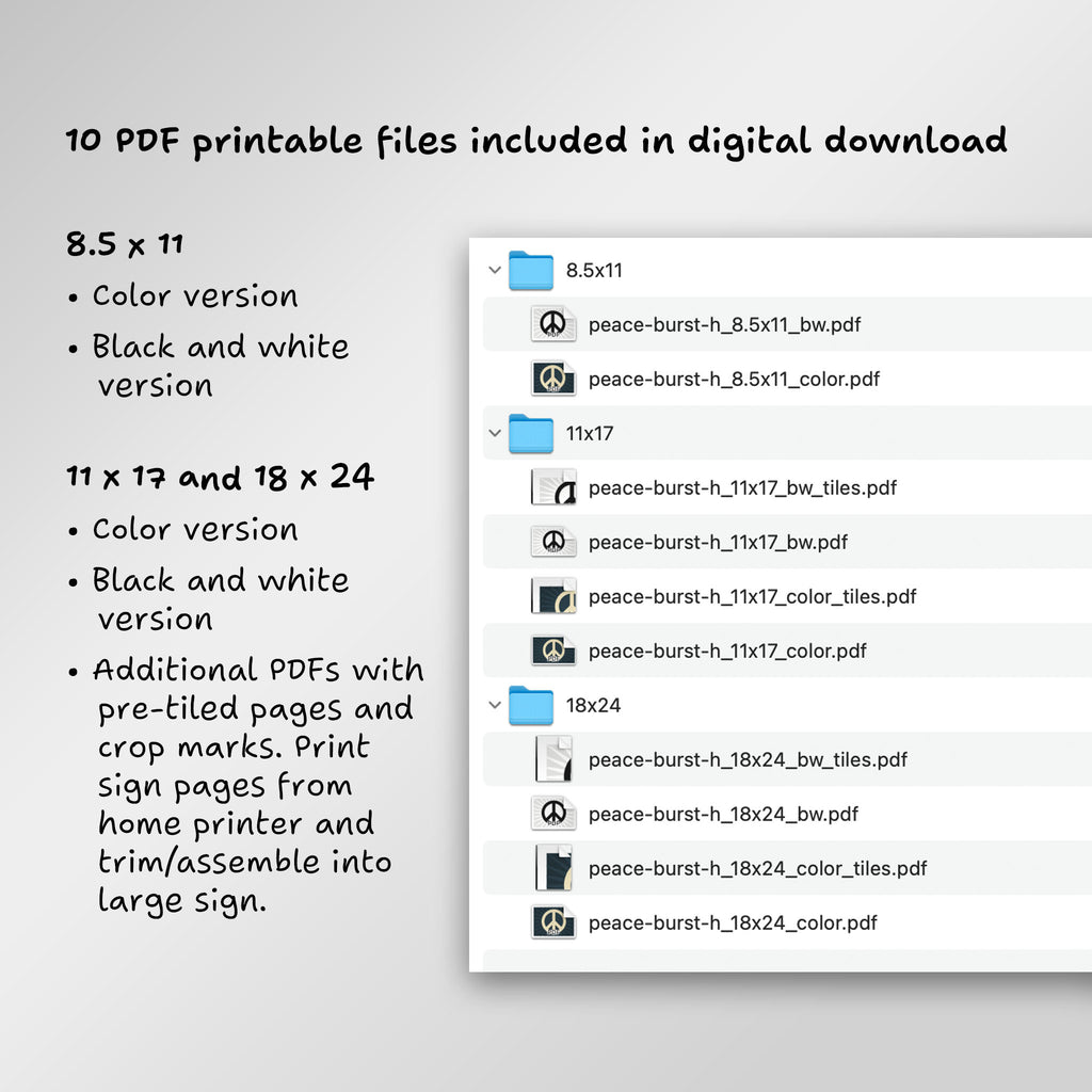 File directory of 10 PDF printable files included in digital download, including additional PDFs with pre-tiled pages to print from home and assemble into large sign.