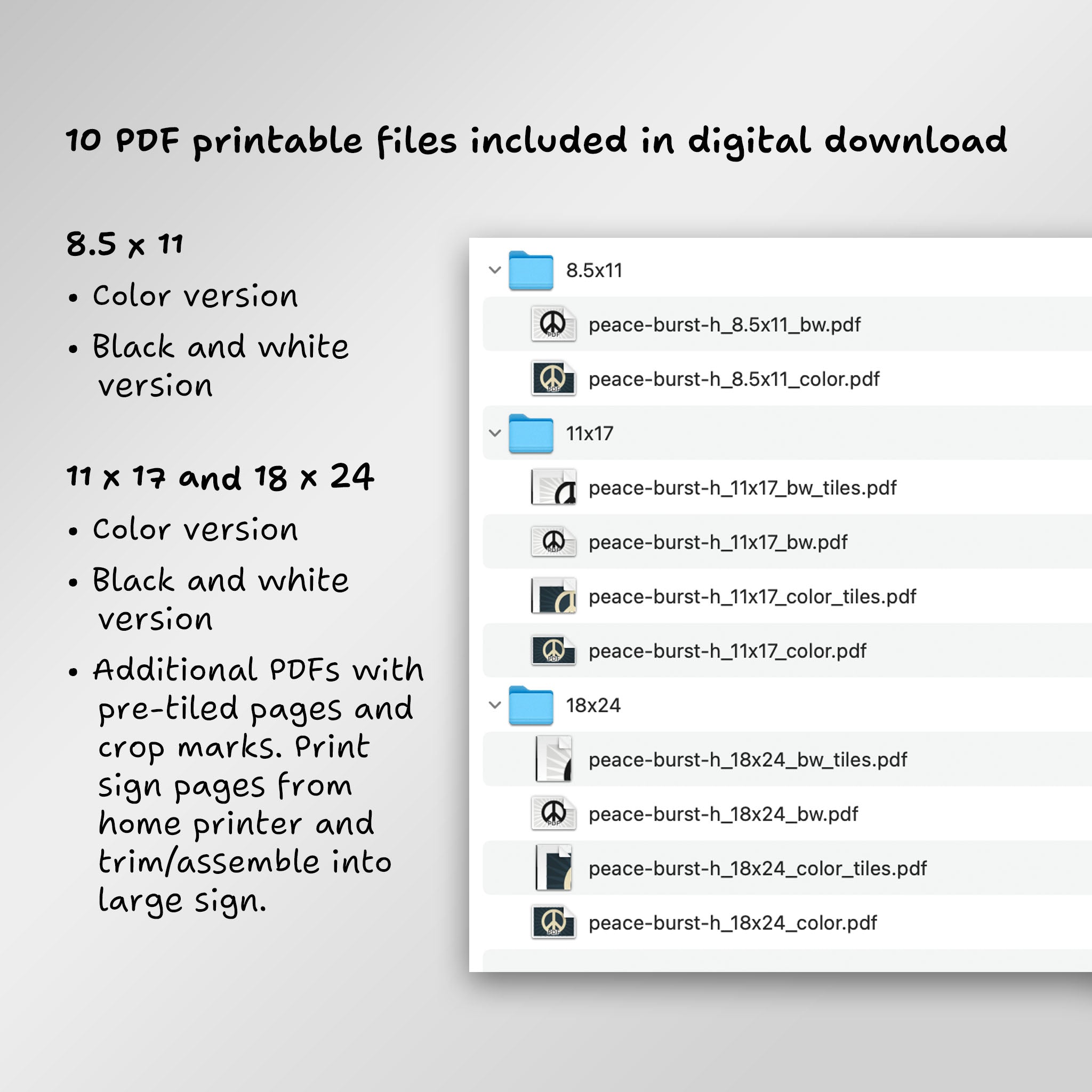 File directory of 10 PDF printable files included in digital download, including additional PDFs with pre-tiled pages to print from home and assemble into large sign.
