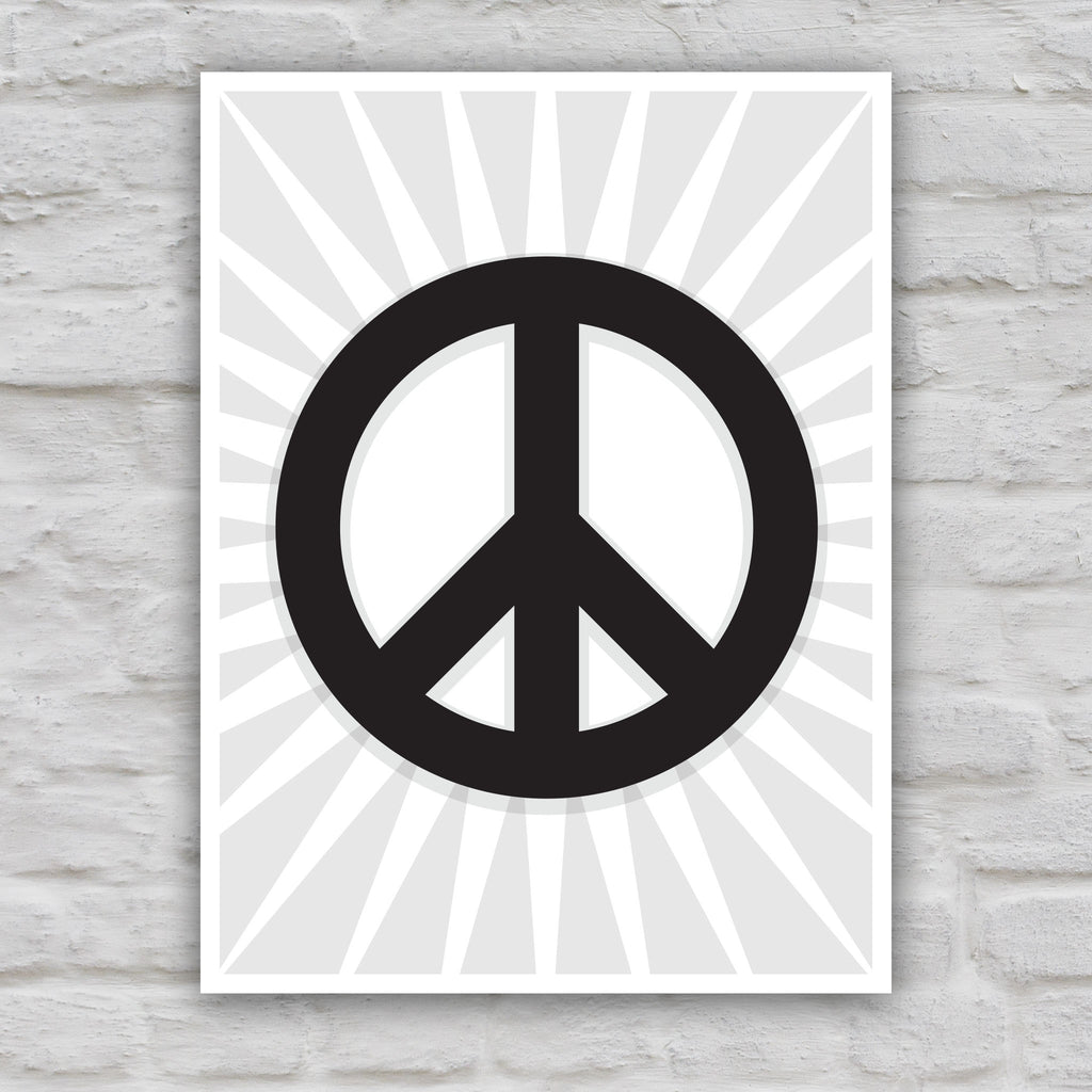 Black and white version of protest sign with a large peace symbol in the center with a burst emanating from the symbol.