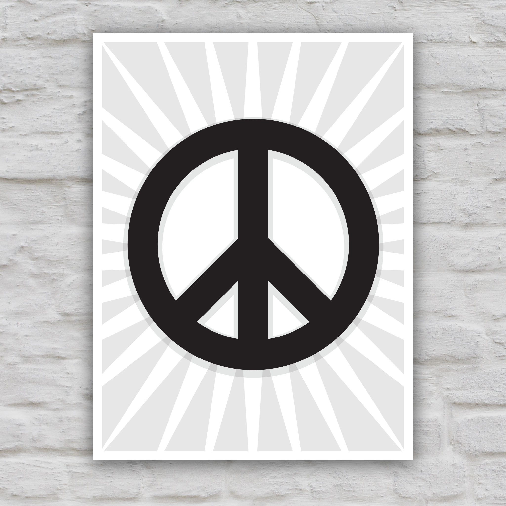 Black and white version of protest sign with a large peace symbol in the center with a burst emanating from the symbol.