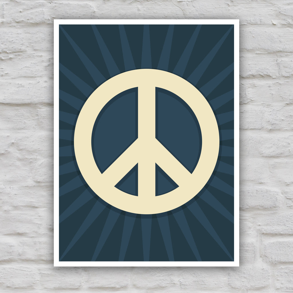 Color version of protest sign with a large pale gold peace symbol in the center on a dark blue background with a burst emanating from the symbol.