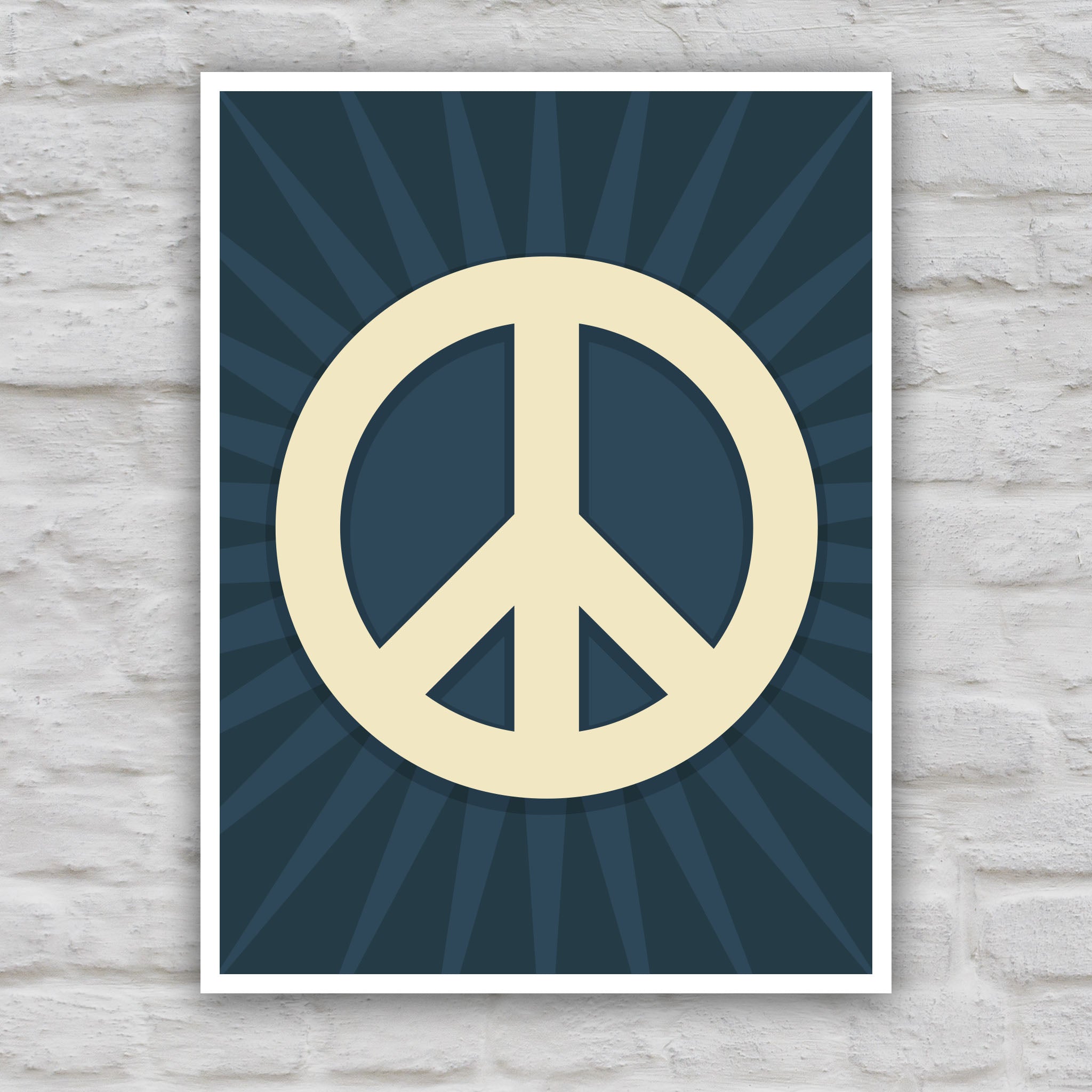 Color version of protest sign with a large pale gold peace symbol in the center on a dark blue background with a burst emanating from the symbol.