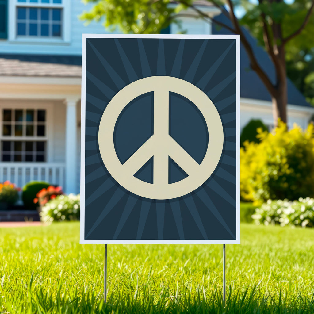 Yard sign with a large pale gold peace symbol in the center on a dark blue background with a burst emanating from the symbol.