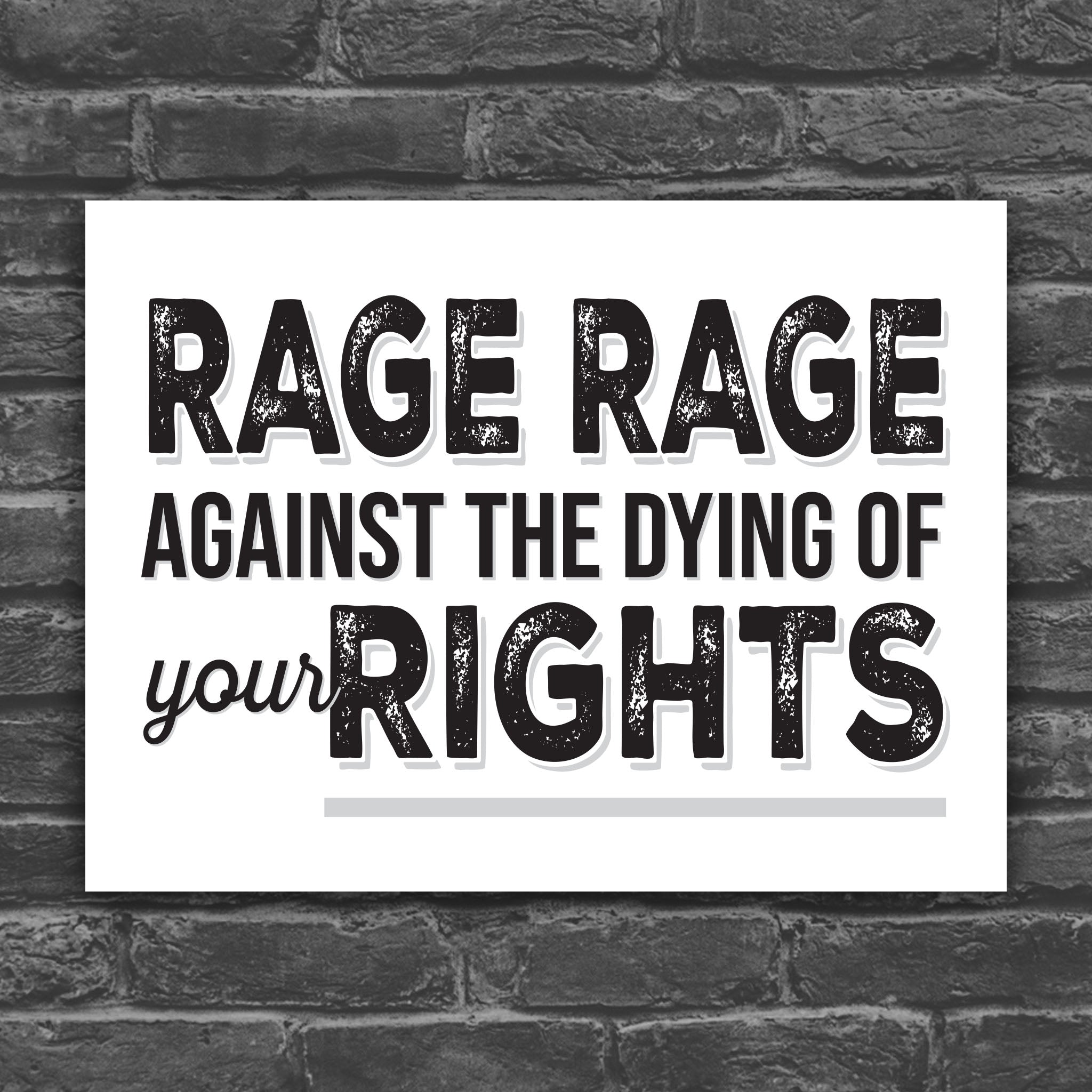 Black and white version of protest sign with text that reads "Rage rage against the dying of your rights," a political twist to the line from a Dylan Thomas poem.