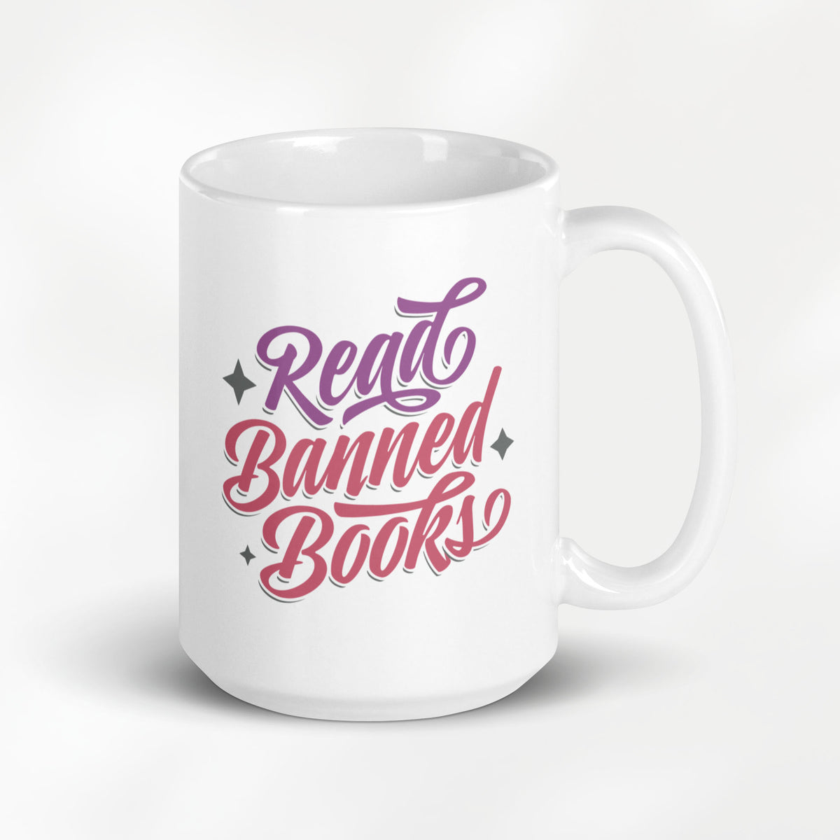 15 ounce Read Banned Books white glossy mug.