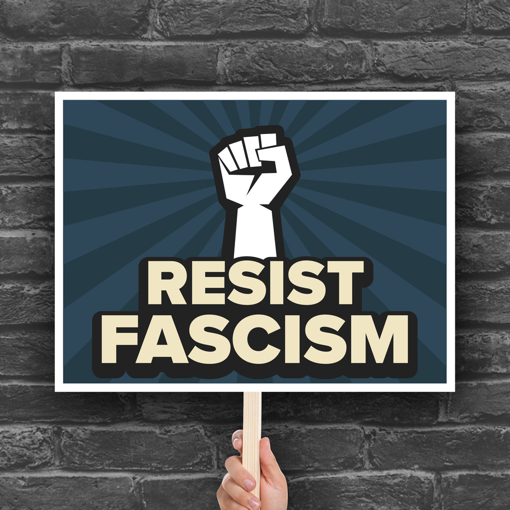 Downloadable, printable protest sign with blue burst background and white raised fist above text that reads "Resist fascism" in all uppercase letters.
