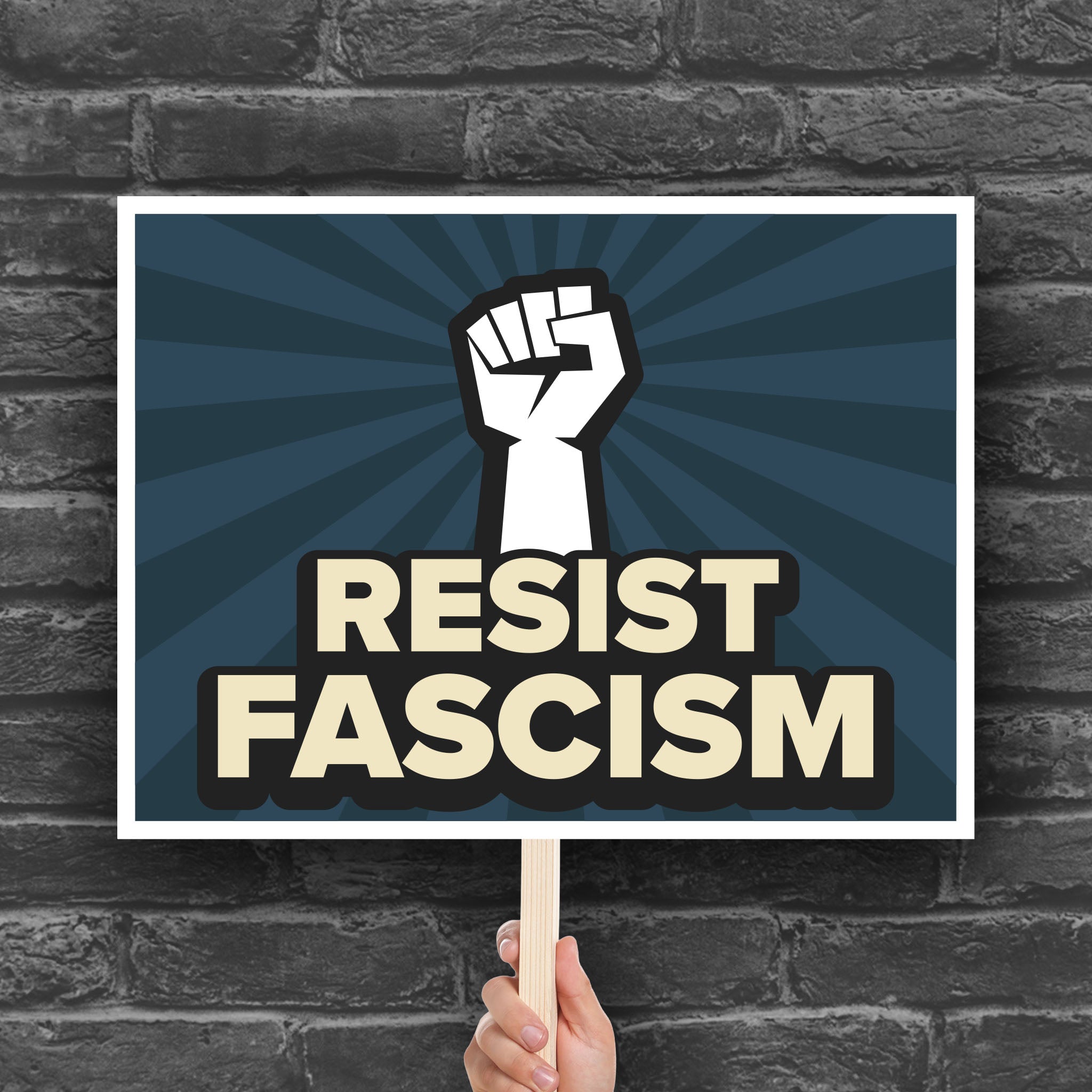 Downloadable, printable protest sign with blue burst background and white raised fist above text that reads "Resist fascism" in all uppercase letters.