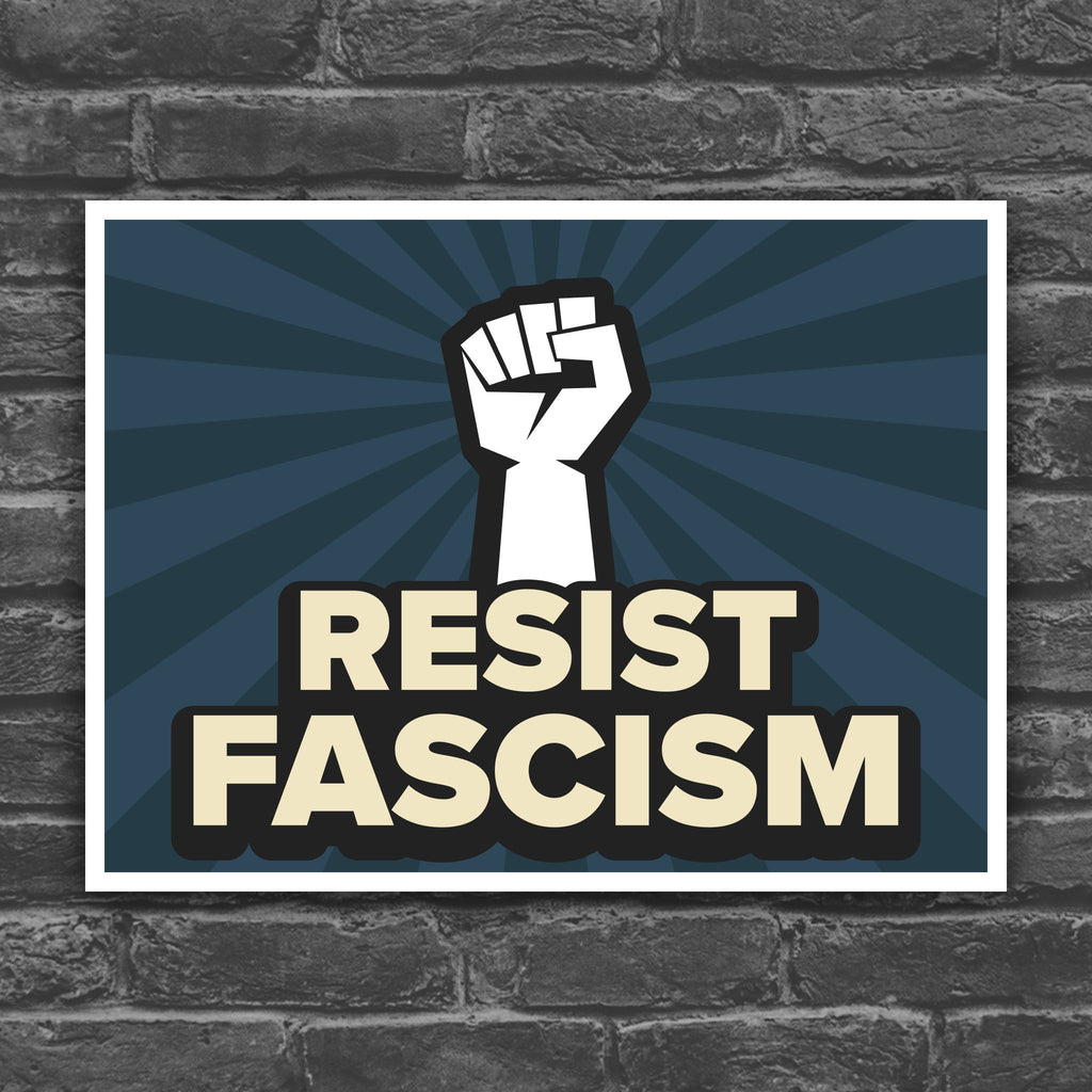 Color version of protest sign with red burst background and white raised fist above text that reads "Resist fascism" in all uppercase letters.