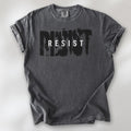 Pepper t-shirt with the word "resist" atop the word "resist" in a grunge background texture.
