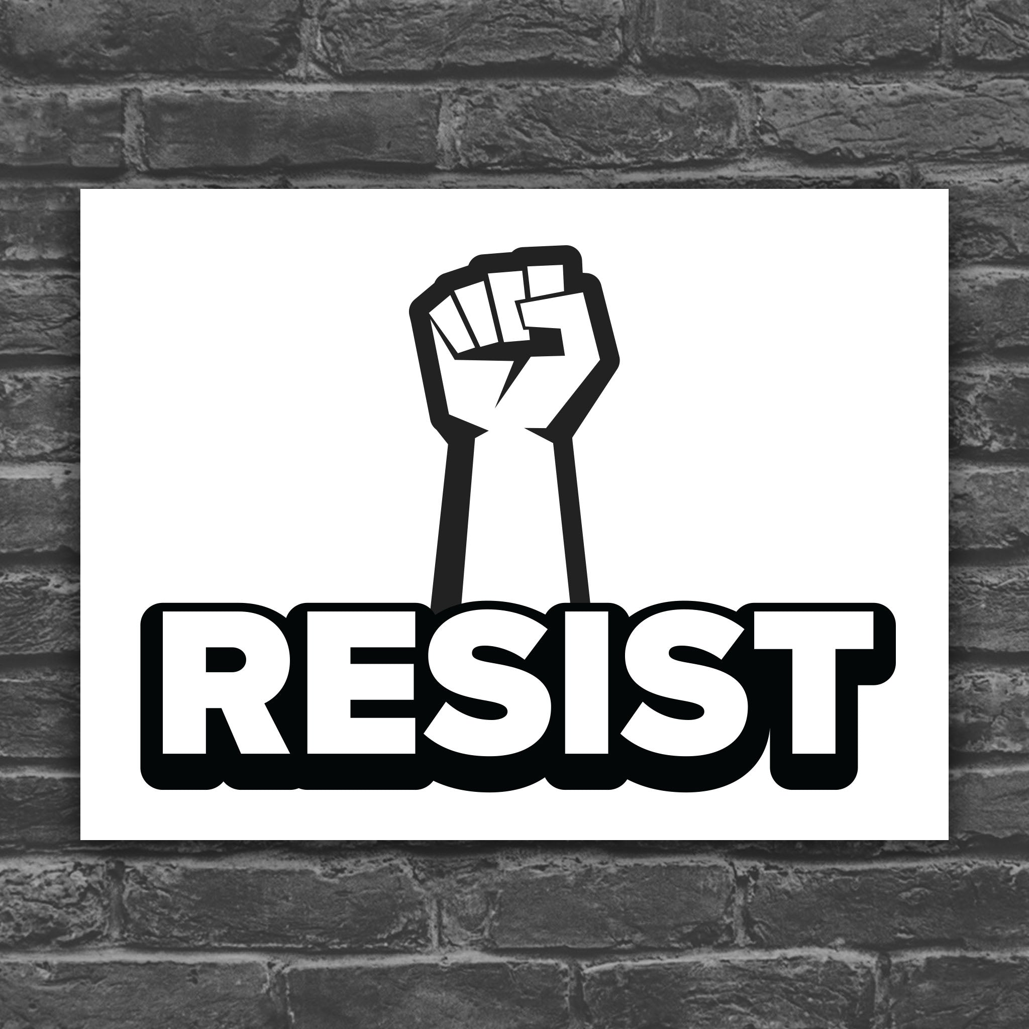 Black and white version of protest sign with a raised fist and the word "Resist" below it.