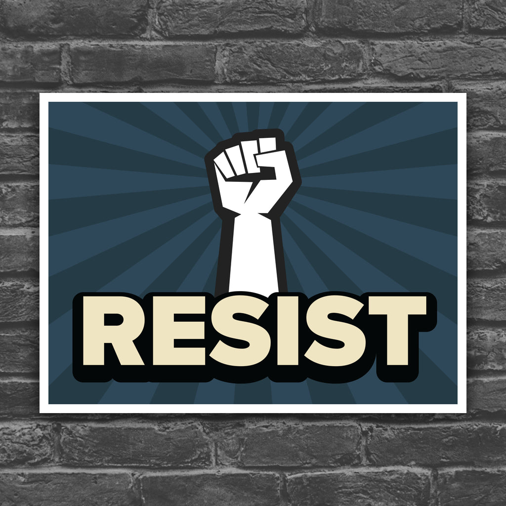Color version of protest sign with a raised fist and the word "Resist" below it.