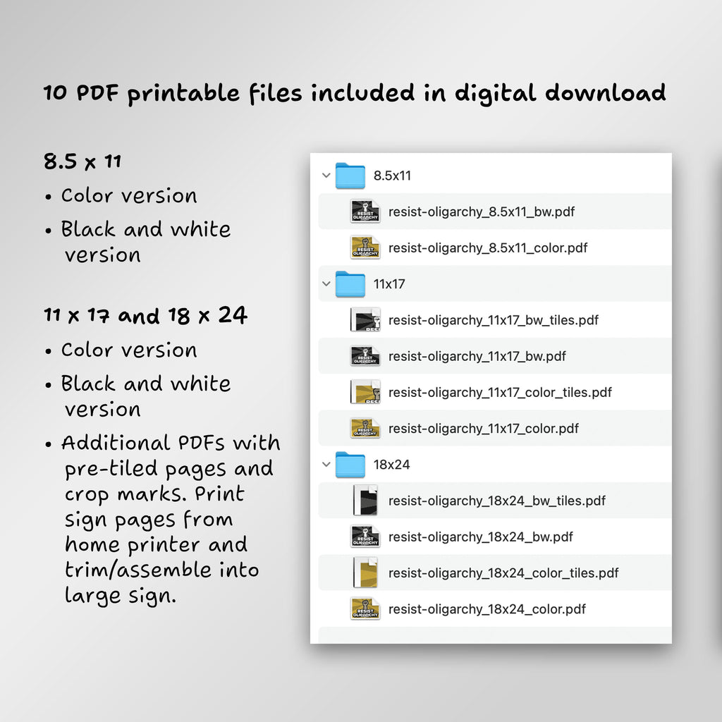 File directory of 10 PDF printable files included in digital download, including additional PDFs with pre-tiled pages to print from home and assemble into large sign.