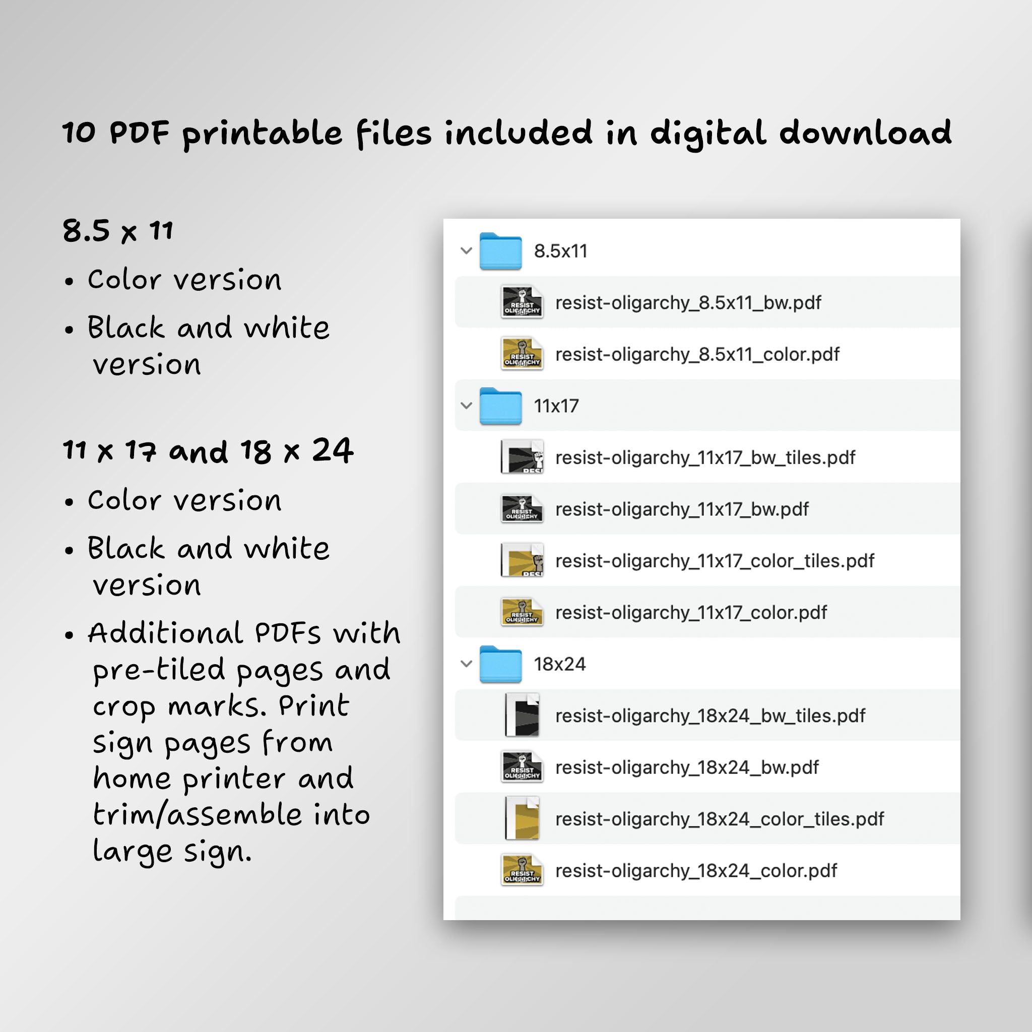 File directory of 10 PDF printable files included in digital download, including additional PDFs with pre-tiled pages to print from home and assemble into large sign.