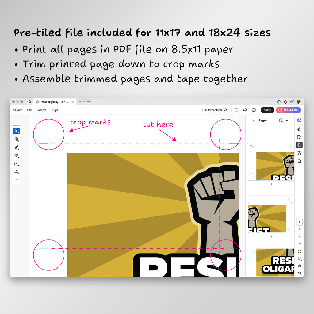 Screenshot of page from pre-tiled PDF file in Adobe Acrobat, showing crop marks and where to trim.