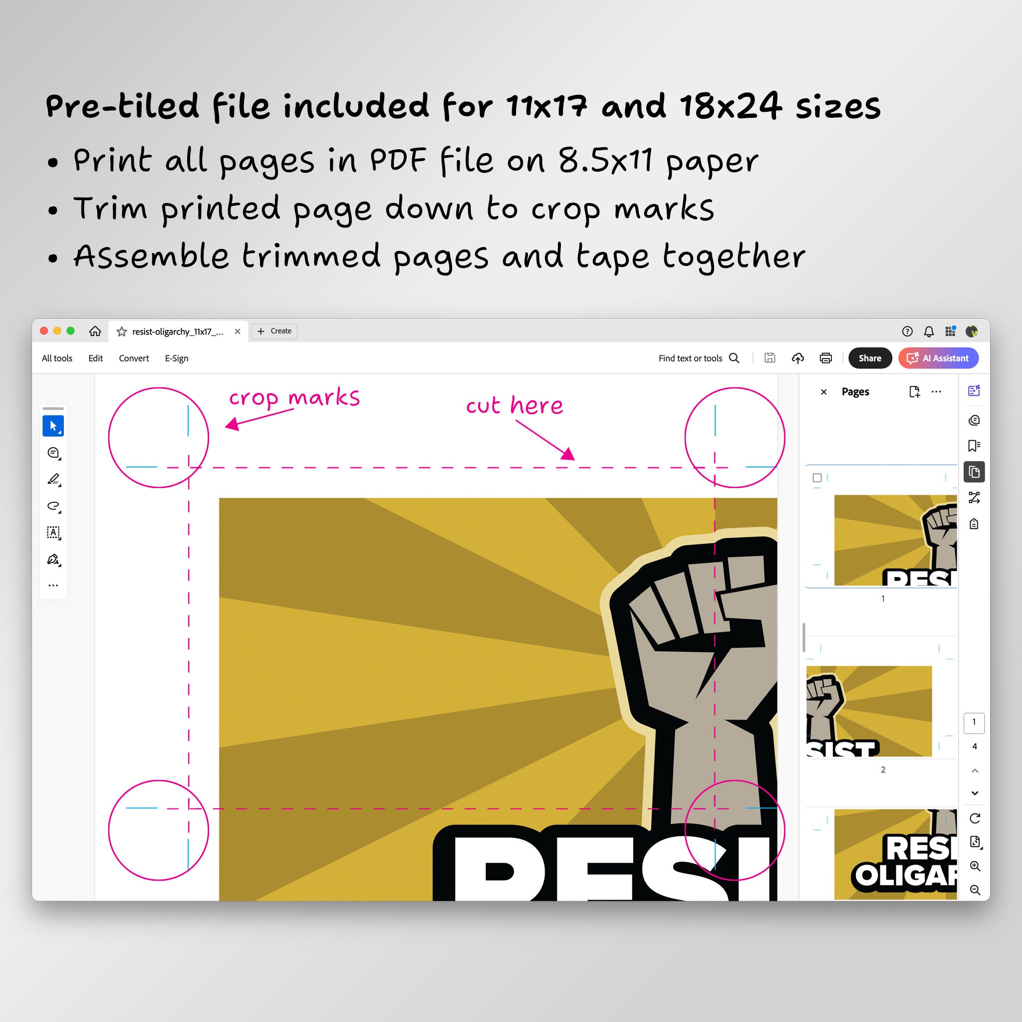 Screenshot of page from pre-tiled PDF file in Adobe Acrobat, showing crop marks and where to trim.