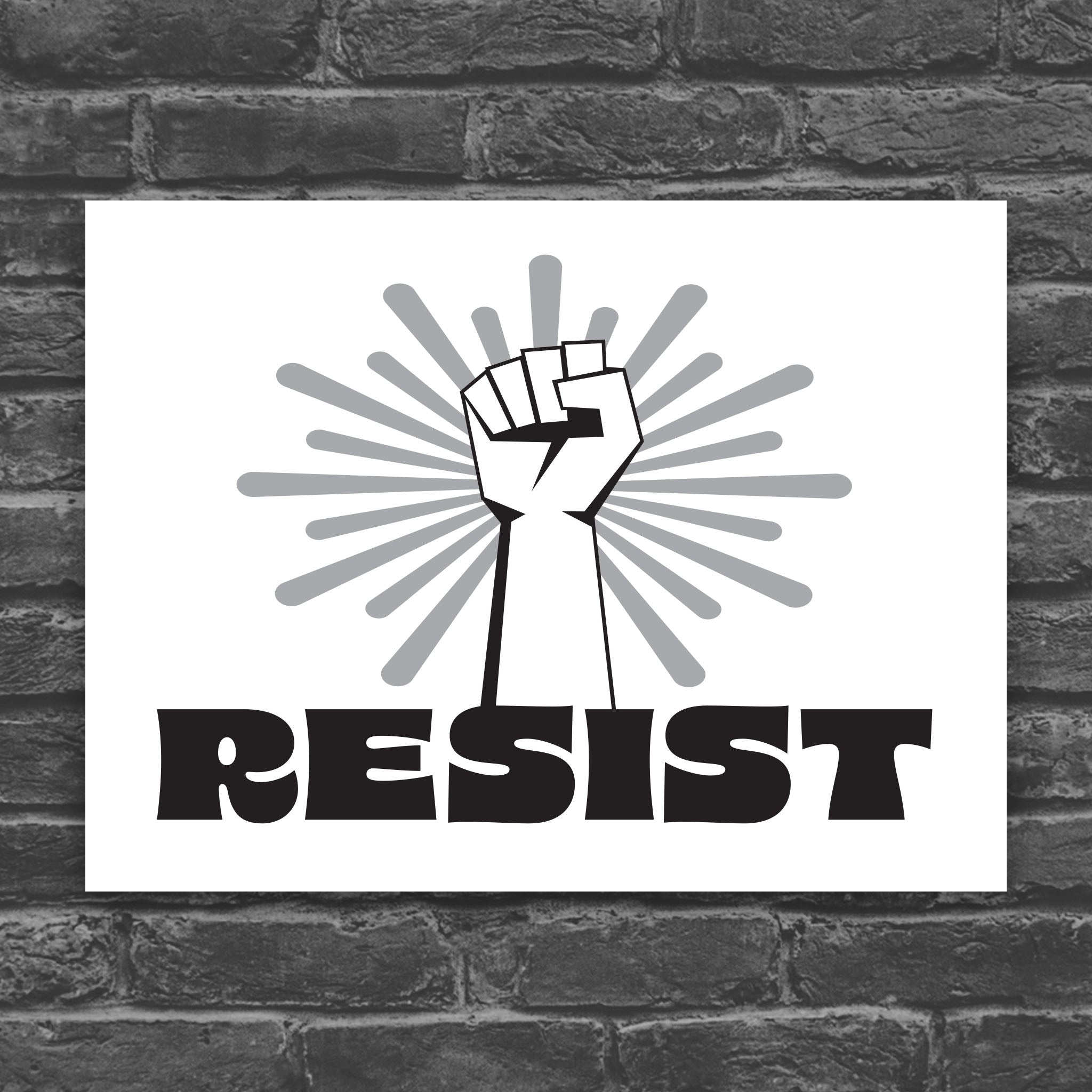 Black and white version of printable protest sign with a white raised fist and the word “resist” in bold black letters on a white background with grey radiating lines.
