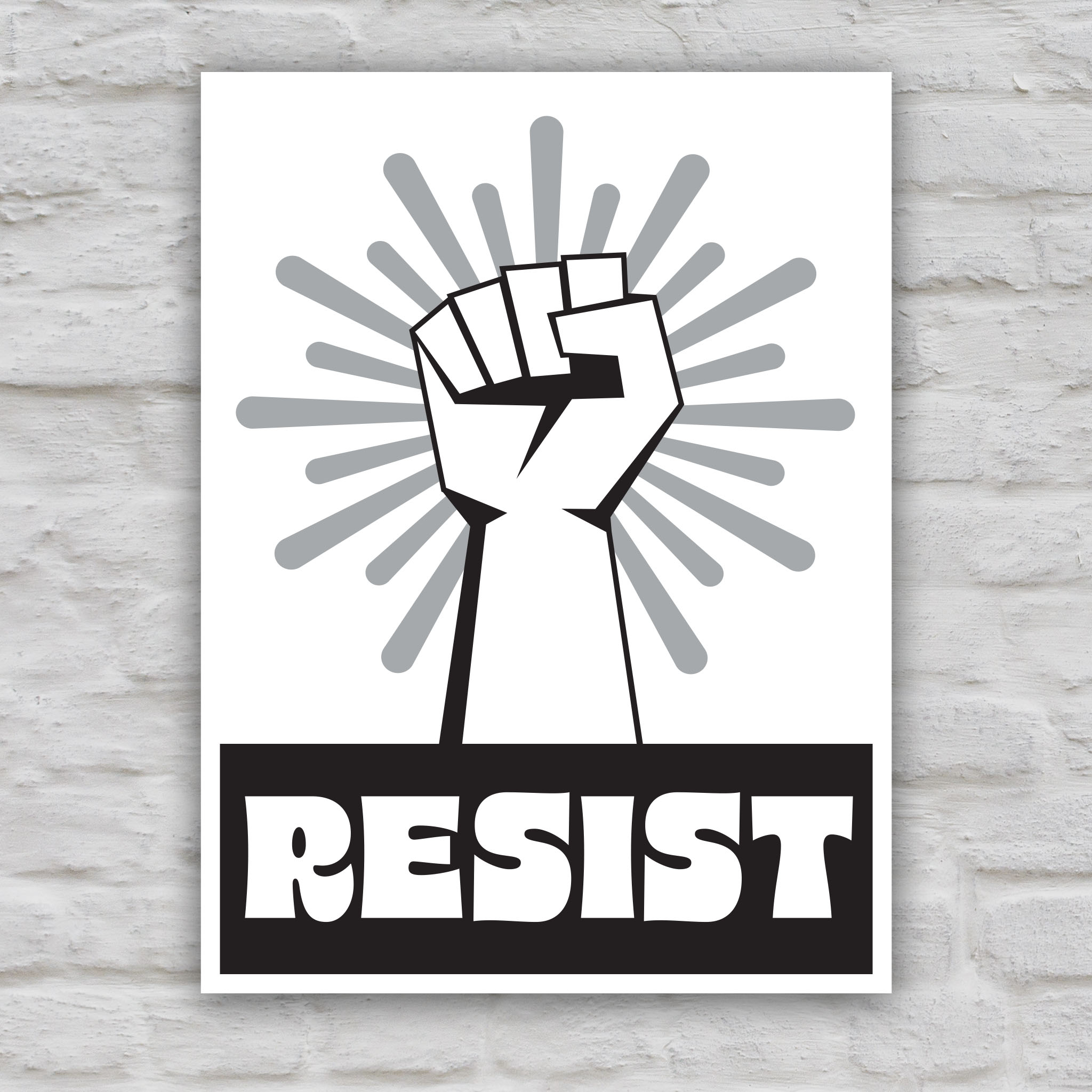 Black and white version of protest sign with white background behind a white raised fist and grey burst, with the retro-styled bold word "resist" below, reversed out of black.