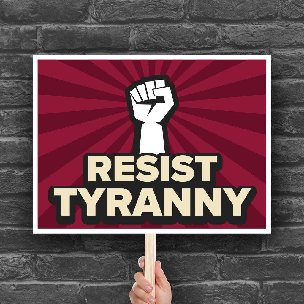 Red color version of downloadable, printable anti-Trump protest sign with bold text that reads "resist tyranny" below a raised fist.